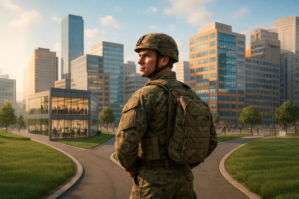 Portrait d’un ancien officier militaire en costume d’affaires, illustrant la transition réussie vers l’entrepreneuriat, avec des éléments évoquant le leadership, la stratégie et la gestion d’entreprise