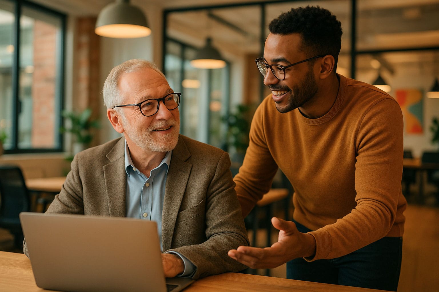 Collaborateurs seniors échangeant dans un bureau moderne avec un manager junior, illustrant la confiance et la collaboration intergénérationnelle en entreprise