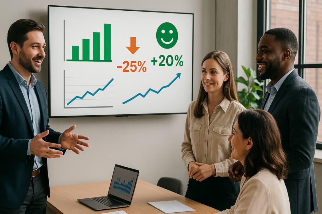 Réunion d’équipe après une formation Leaderseed, illustrant les effets d’une transformation managériale réussie