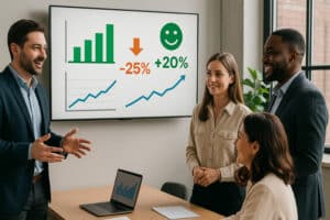 Réunion d’équipe après une formation Leaderseed, illustrant les effets d’une transformation managériale réussie