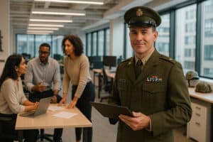 Ancien militaire en formation ou en réunion, illustrant la discipline, le leadership et la capacité à gérer des projets transversaux dans un contexte professionnel.