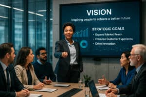 Leader d’entreprise motivant une équipe lors d’une réunion stratégique, illustrant le leadership, la communication et la coordination nécessaires pour la réussite de projets de transformation.