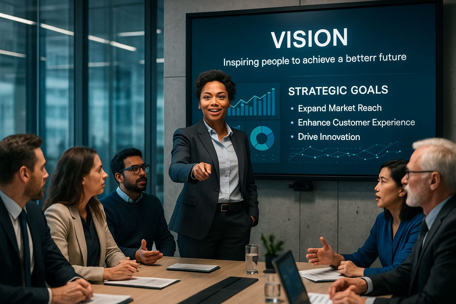 Leader d’entreprise motivant une équipe lors d’une réunion stratégique, illustrant le leadership, la communication et la coordination nécessaires pour la réussite de projets de transformation.