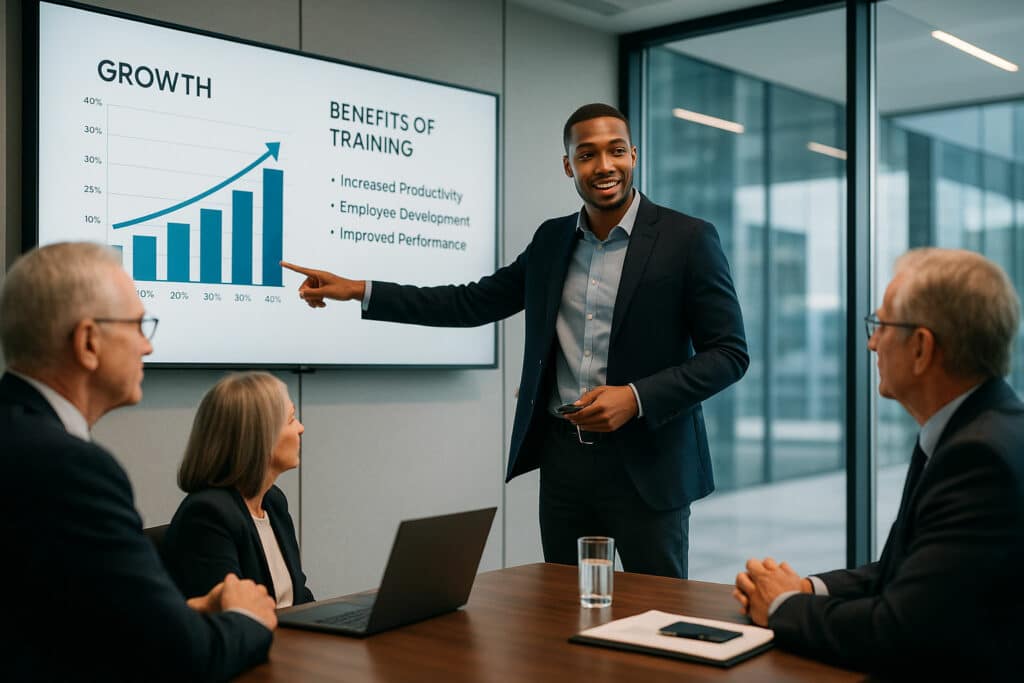 Les arguments pour convaincre d’investir dans la formation : Professionnel en réunion avec la direction, exposant un argumentaire pour obtenir un budget de formation, avec des graphiques, des études de cas et des données en arrière-plan