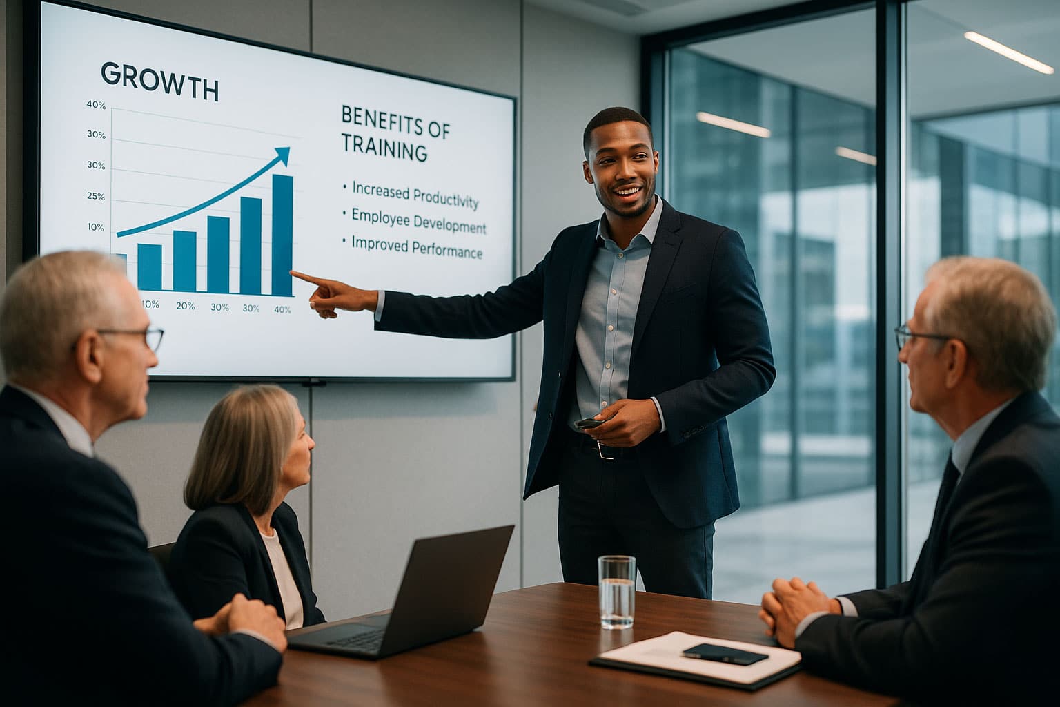 Les arguments pour convaincre d’investir dans la formation : Professionnel en réunion avec la direction, exposant un argumentaire pour obtenir un budget de formation, avec des graphiques, des études de cas et des données en arrière-plan