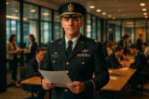 Ancien militaire en tenue de service, expliquant ses compétences transférables lors d’un entretien d’embauche civil, avec un fond neutre et professionnel.