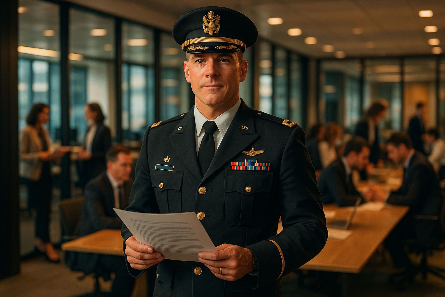 Ancien militaire en tenue de service, expliquant ses compétences transférables lors d’un entretien d’embauche civil, avec un fond neutre et professionnel.