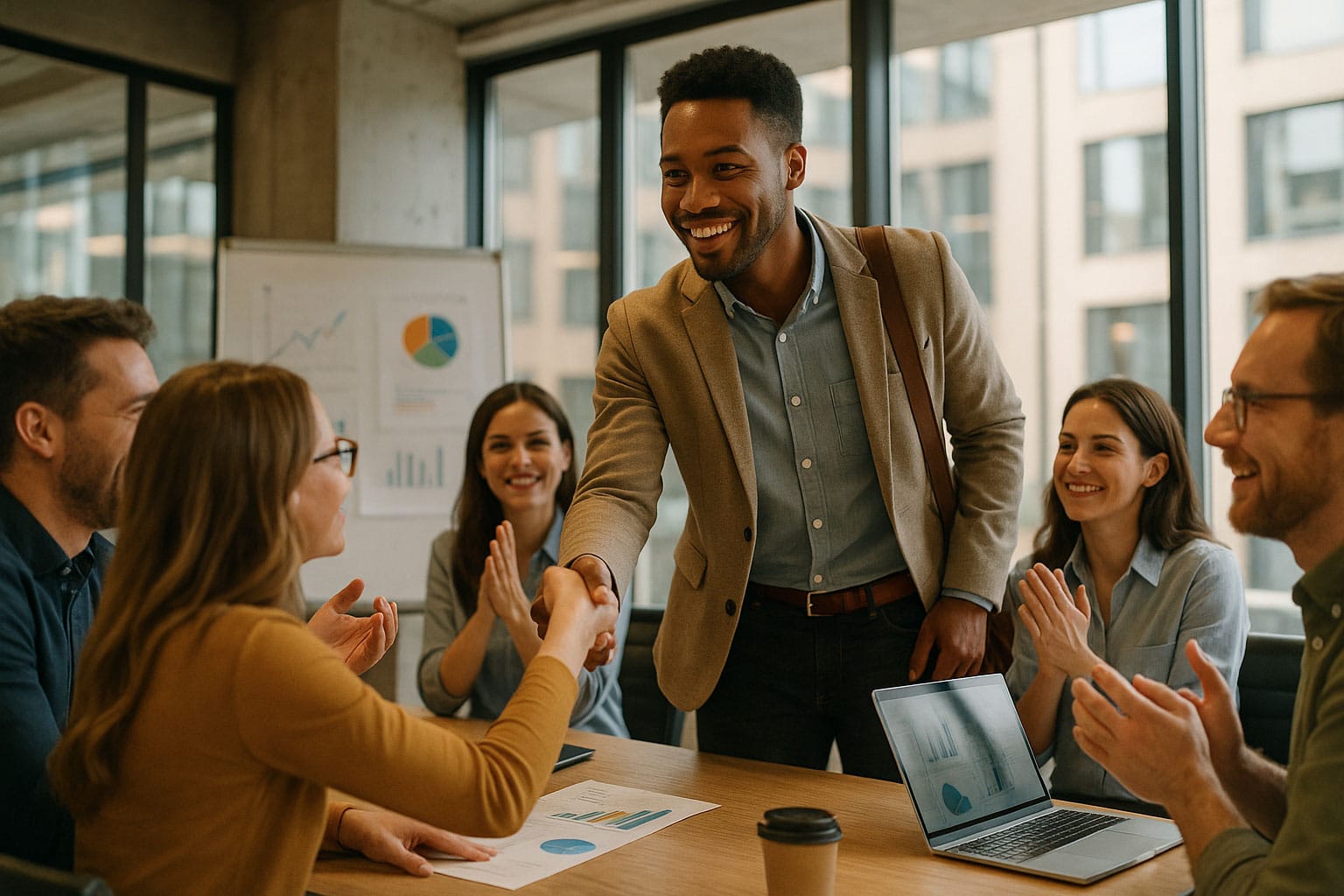 Jeune professionnel engagé dans la première semaine de travail de sa prise de poste, échangeant avec ses collègues et élaborant une stratégie pour mettre en valeur ses compétences et ses réalisations.