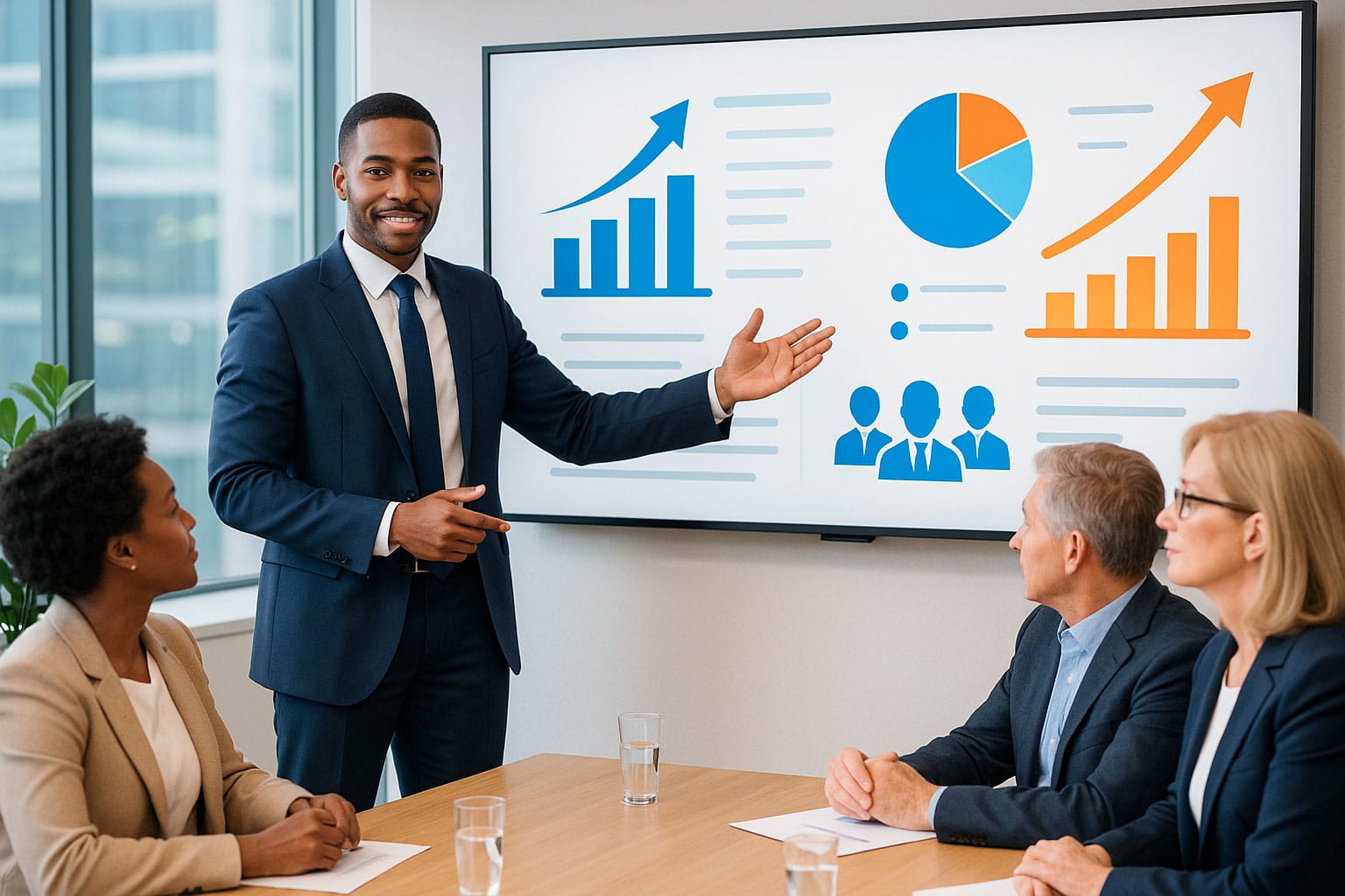Manager en pleine présentation lors d’un atelier, avec des graphiques illustrant le retour sur investissement des formations managériales pour convaincre la direction.