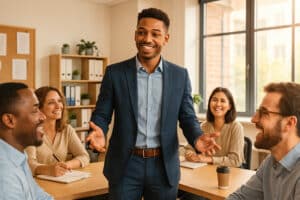 Primo-manager communiquant avec ses collaborateurs lors d'une réunion, montrant confiance, écoute active et leadership pour renforcer sa légitimité en milieu professionnel