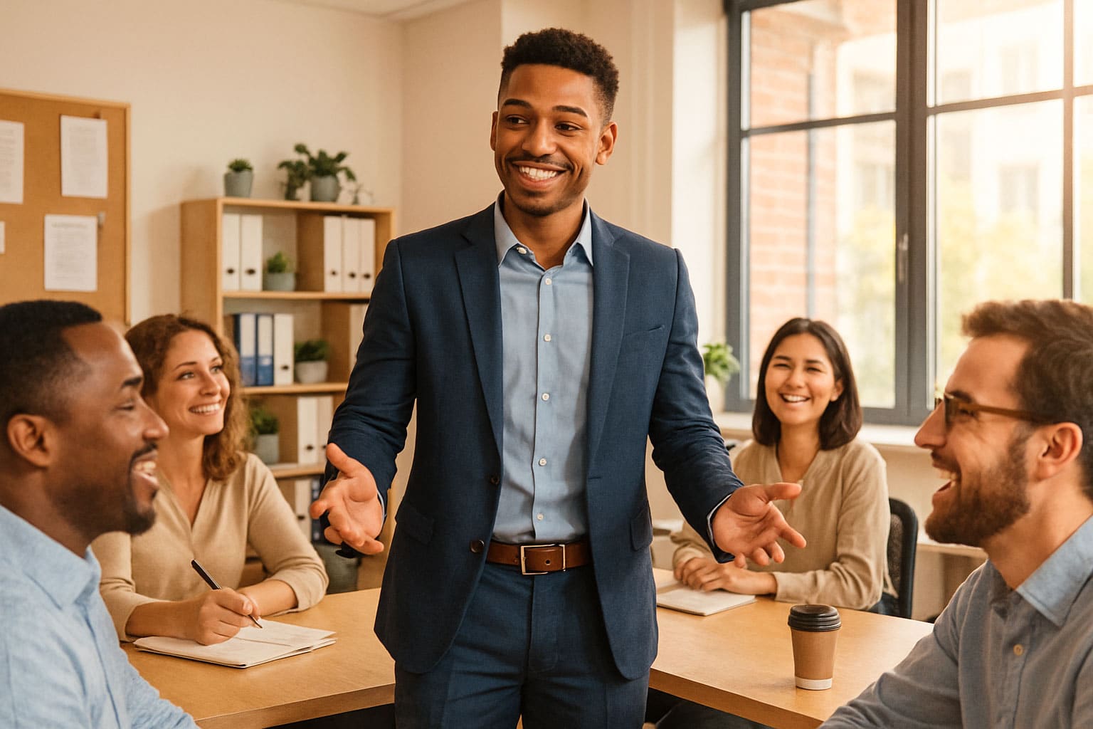 Primo-manager communiquant avec ses collaborateurs lors d'une réunion, montrant confiance, écoute active et leadership pour renforcer sa légitimité en milieu professionnel