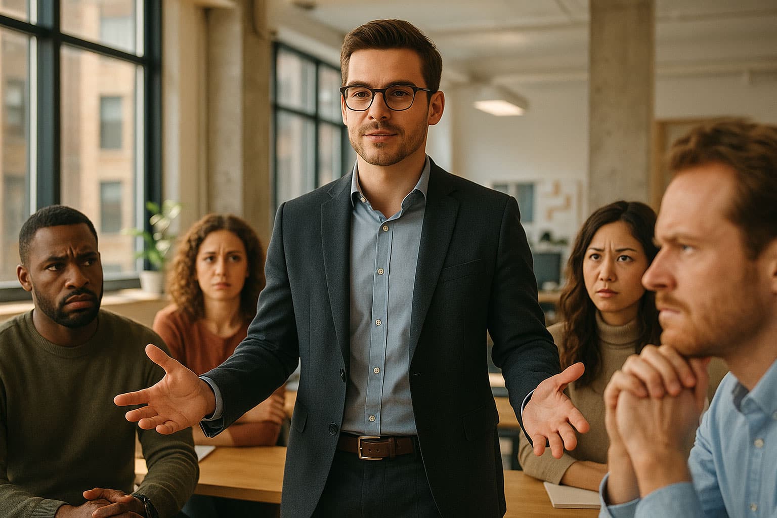 Jeune manager présentant fièrement ses résultats lors d'une réunion stratégique avec son équipe, illustrant la rapidité à prendre le lead en entreprise.