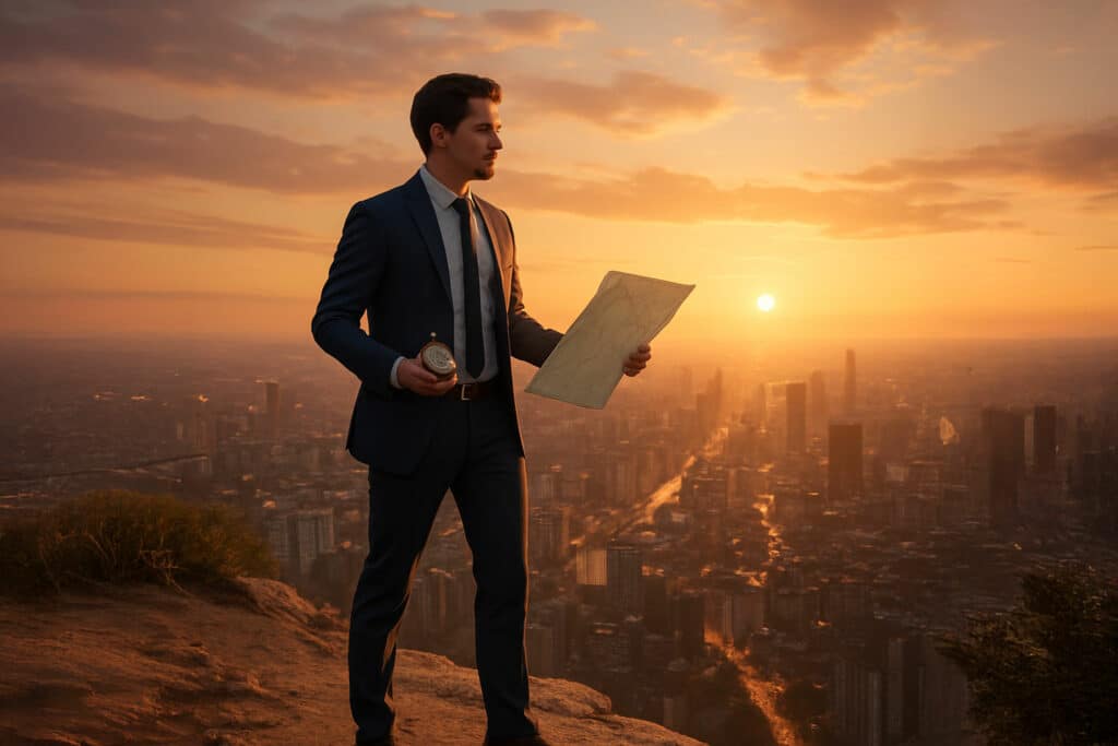 Jeune primo-manager en costume tenant une carte et une boussole surplombant une ville au lever du soleil, métaphore du leadership et de la prise de cap managérial. Il a su renforcer son leadership.