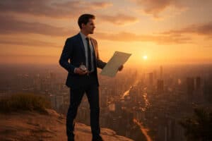 Jeune primo-manager en costume tenant une carte et une boussole surplombant une ville au lever du soleil, métaphore du leadership et de la prise de cap managérial. Il a su renforcer son leadership.
