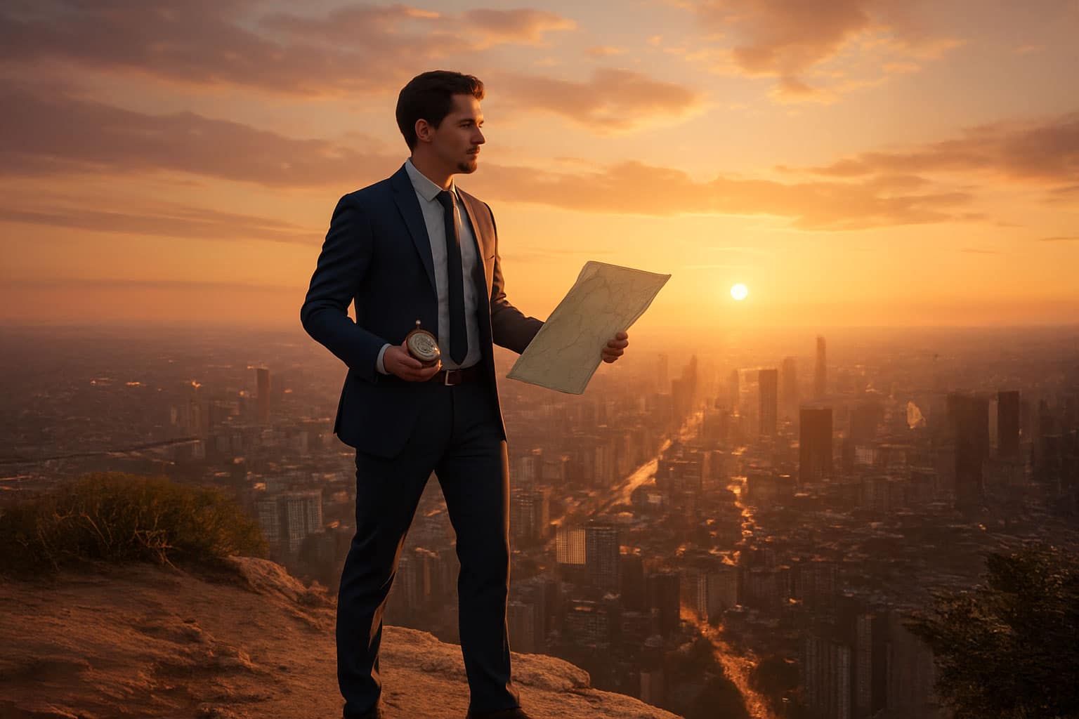 Jeune primo-manager en costume tenant une carte et une boussole surplombant une ville au lever du soleil, métaphore du leadership et de la prise de cap managérial. Il a su renforcer son leadership.