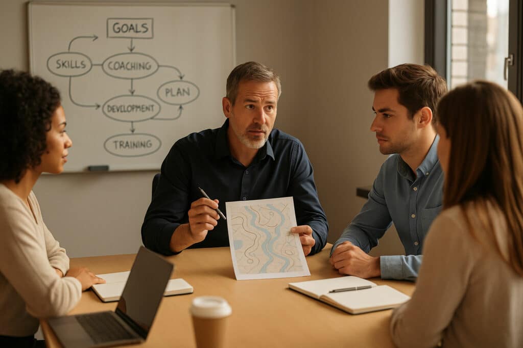 Coach professionnel animant une session de formation personnalisée avec une équipe dans le bureau de Leaderseed à Toulouse-Blagnac.