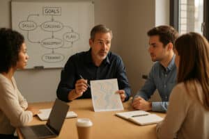 Coach professionnel animant une session de formation personnalisée avec une équipe dans le bureau de Leaderseed à Toulouse-Blagnac.