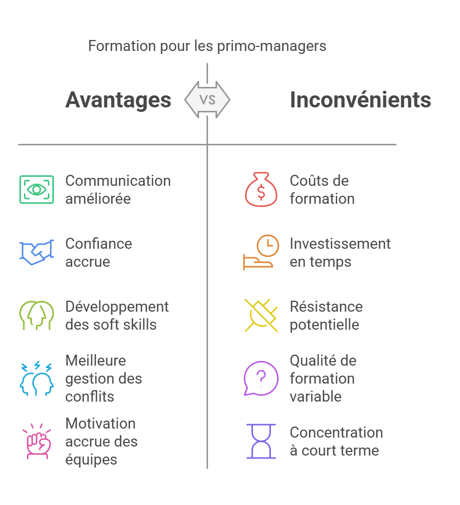 Un tableau comparatif illustrant les avantages (communication améliorée, confiance, soft skills, gestion des conflits, motivation) et les inconvénients (coûts, temps, résistance, qualité variable, concentration) liés à la formation des primo-managers proposée par Leaderseed à Toulouse-Blagnac.