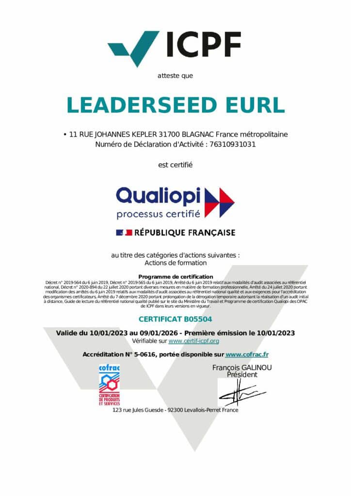 Certificat officiel Qualiopi de Leaderseed, attestant la qualité des actions de formation et délivré par l'ICPF.