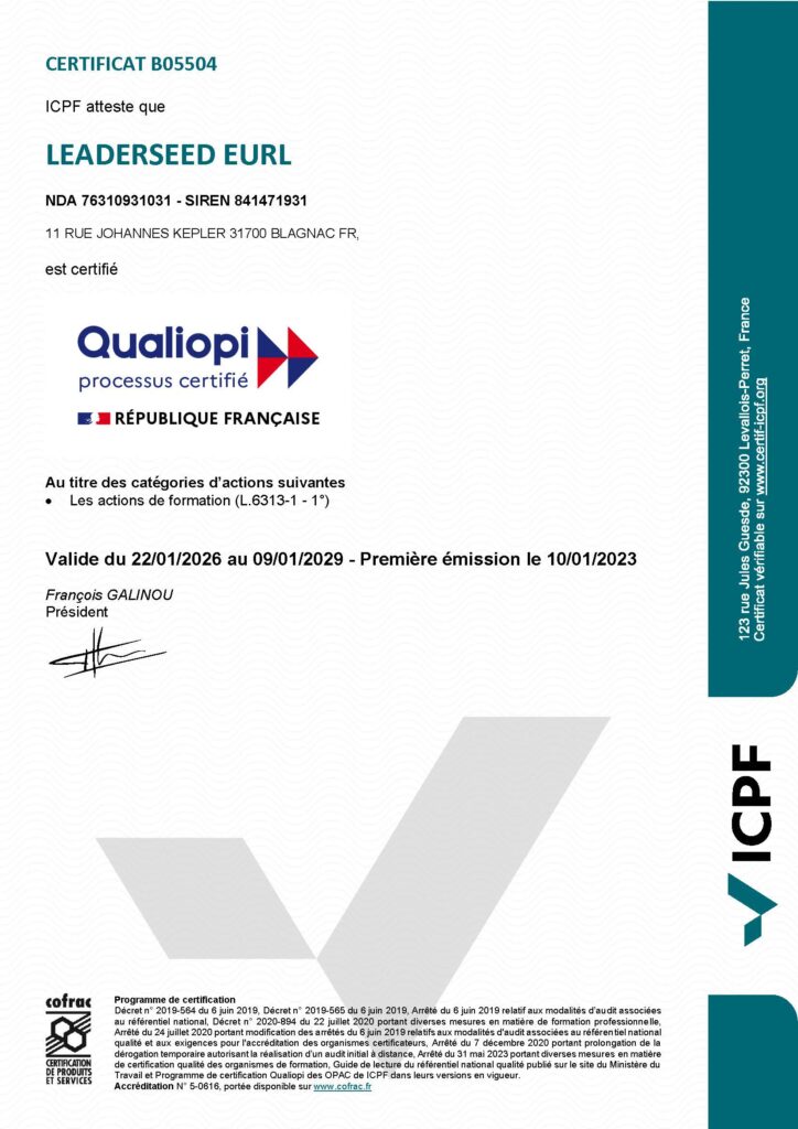 Certificat officiel Qualiopi de Leaderseed, attestant la qualité des actions de formation et délivré par l'ICPF, au nom du COFRAC.