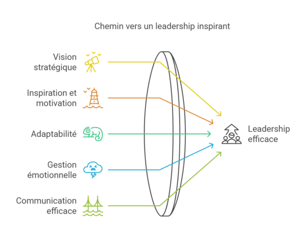 Infographie illustrant cinq piliers (vision stratégique, inspiration et motivation, adaptabilité, gestion émotionnelle, communication efficace) convergeant vers un leadership inspirant.