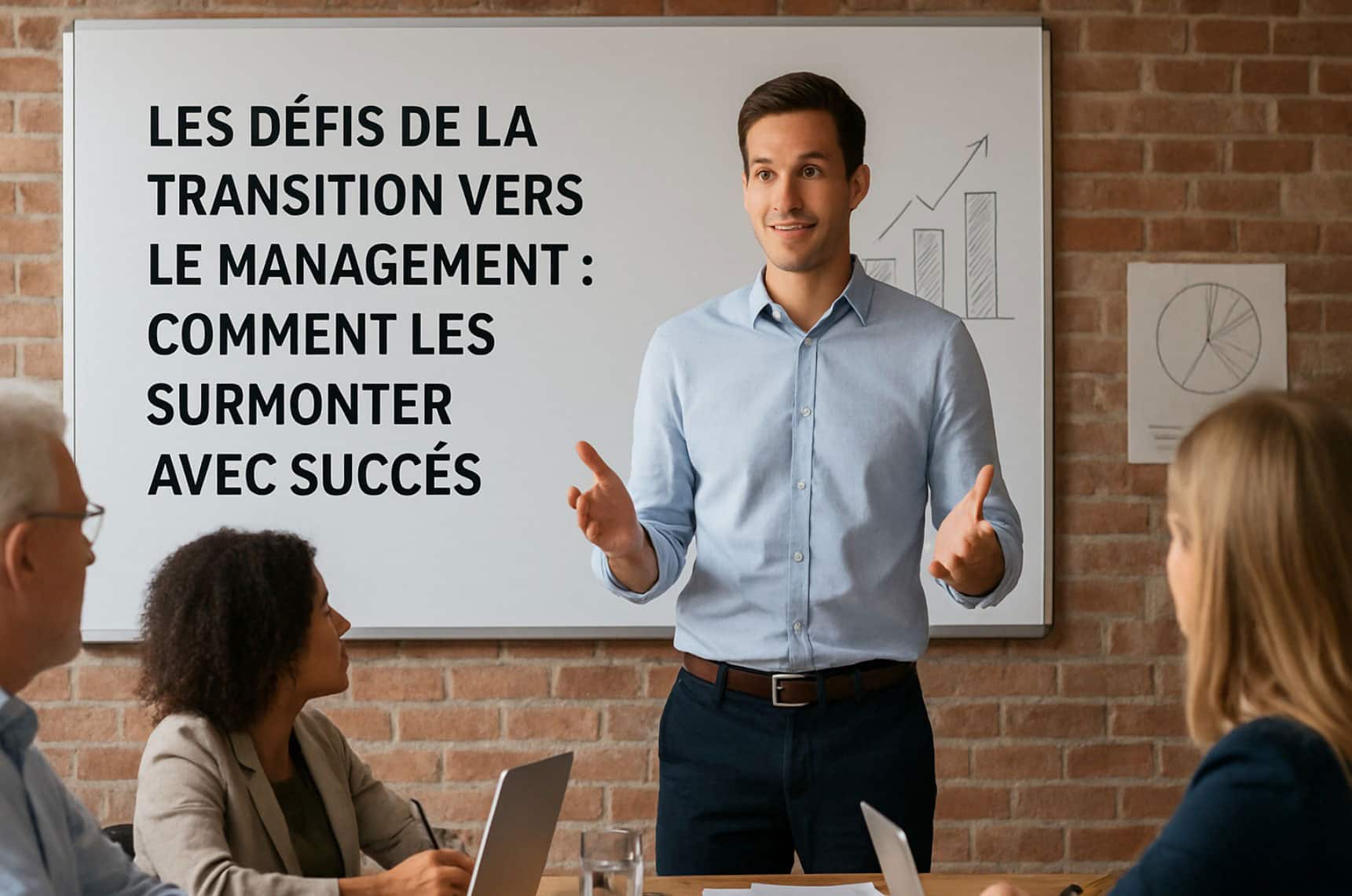 Un manager débutant s’adressant à son équipe, symbolisant la réussite de sa transition vers le management avec des stratégies de communication et leadership efficaces