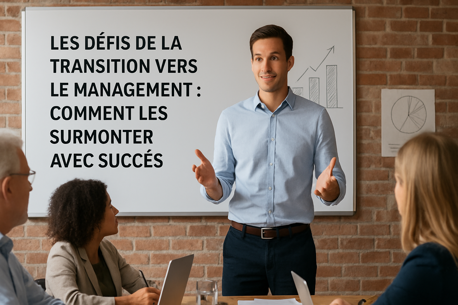 Un manager débutant s’adressant à son équipe, symbolisant la réussite de sa transition vers le management avec des stratégies de communication et leadership efficaces