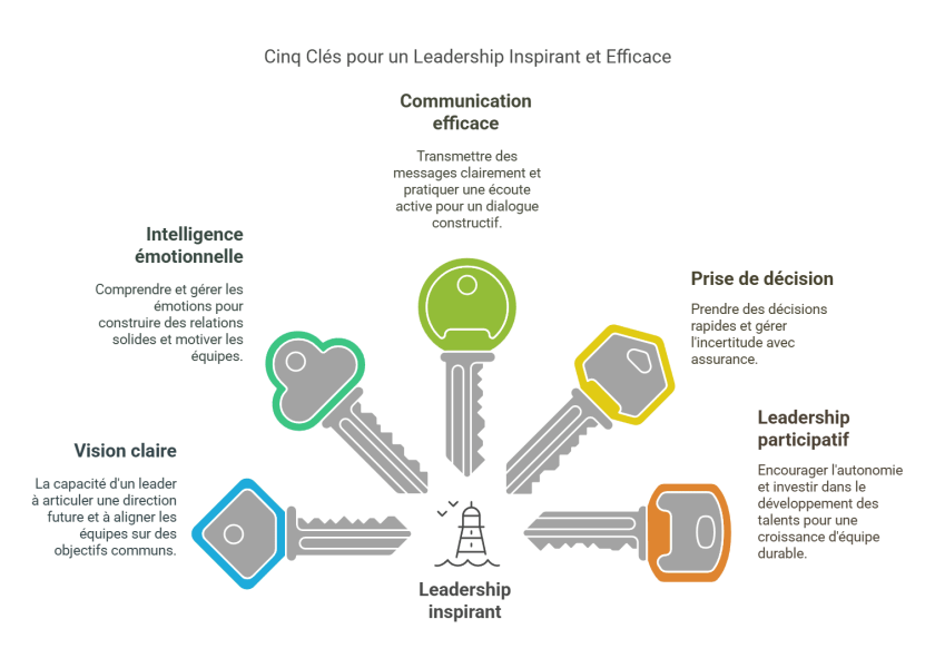 Infographie illustrant cinq clés pour un leadership inspirant et efficace : vision claire, intelligence émotionnelle, communication efficace, prise de décision et leadership participatif, par Leaderseed.