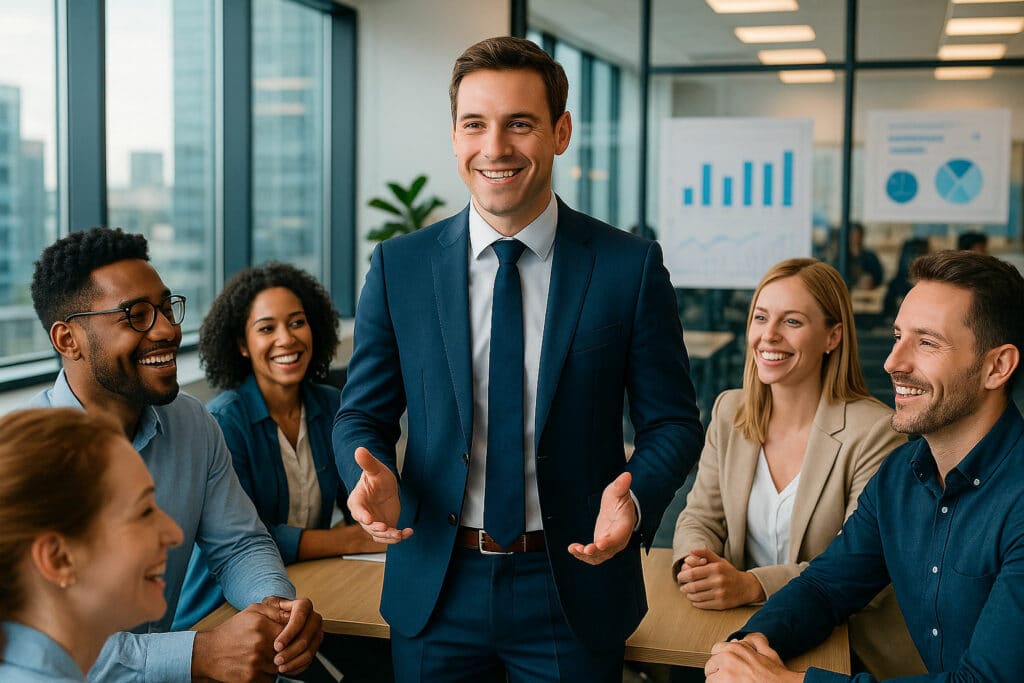 Jeune primo-manager souriant, en réunion avec son équipe dans un bureau moderne, incarnant la rétention des talents grâce à un management humain et formé.
