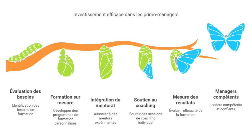 Illustration de la transformation des primo-managers en leaders compétents grâce à un programme d'accompagnement progressif proposé par Leaderseed.