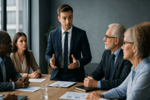Manager en pleine prise de parole face à son équipe, illustrant la construction rapide de sa légitimité grâce à un leadership affirmé