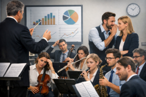 Illustration d’une organisation comparée à un orchestre où les dynamiques relationnelles, le leadership et la structure implicite influencent le jeu collectif