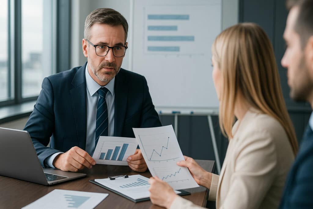 Cadres en réunion analysant des graphiques de performance pour démontrer le retour sur investissement d’une formation managériale.