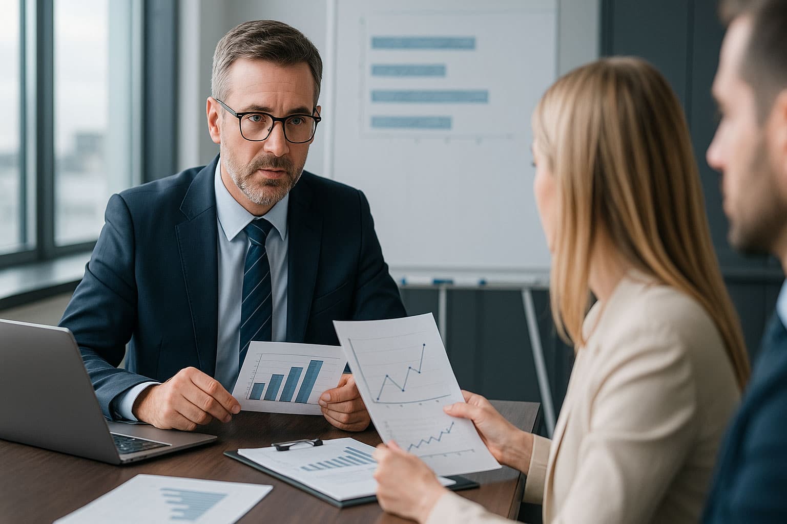Cadres en réunion analysant des graphiques de performance pour démontrer le retour sur investissement d’une formation managériale.