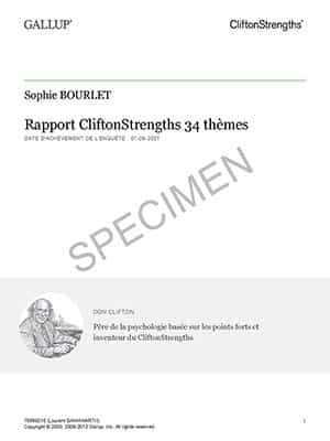 Page de garde d’un rapport CliftonStrengths 34 Thèmes proposé par Leaderseed, une évaluation complète des points forts pour développer les talents personnels et professionnels.