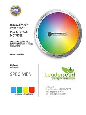 Page de garde d’un rapport combinant les approches DISC et Forces Motrices proposé par Leaderseed, destiné à analyser les styles comportementaux et les motivations personnelles.