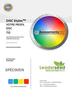 Page de garde d’un rapport DISC personnalisé avec le logo Leaderseed et un visuel des styles comportementaux.