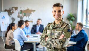 Officier souriant en uniforme militaire dans une salle de réunion d’entreprise, illustrant une reconversion professionnelle réussie.