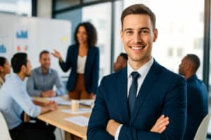Jeune manager en costume souriant dans une salle de réunion, représentant la réussite d’une prise de poste stratégique lors des 100 premiers jours en entreprise.