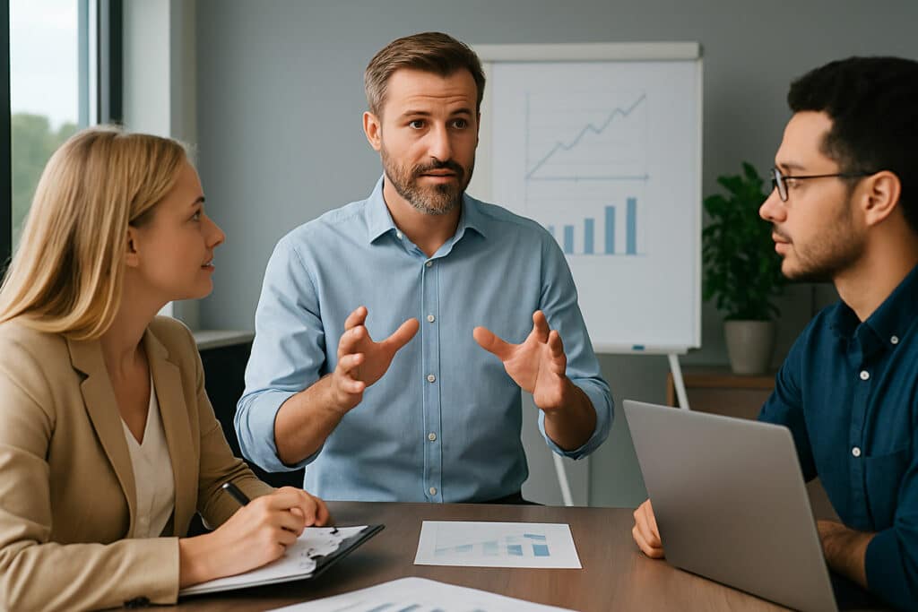 Trois professionnels collaborant autour d’une table pour améliorer la gestion d’équipe pluridisciplinaire grâce aux soft skills, dans un environnement de formation Leaderseed à Toulouse-Blagnac.