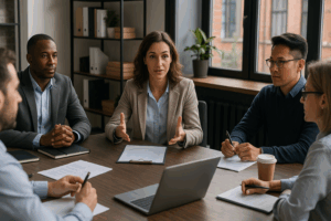 Manager civil en posture de leadership adaptatif avec son équipe pluridisciplinaire qui possède les soft skills indispensables en 2025 – formation Leaderseed à Toulouse-Blagnac.