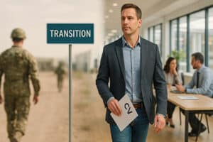 Officier en reconversion marchant vers une nouvelle carrière civile, accompagné dans sa transition professionnelle. Elle symbolise les 10 erreurs à éviter pour réussir la reconversion militaire