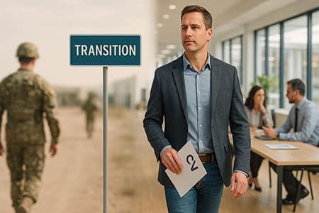 Officier en reconversion marchant vers une nouvelle carrière civile, accompagné dans sa transition professionnelle. Elle symbolise les 10 erreurs à éviter pour réussir la reconversion militaire