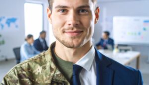 Jeune professionnel en tenue hybride (moitié militaire, moitié costume de manager), symbolisant la reconversion réussie et l’alignement stratégique par la formation.